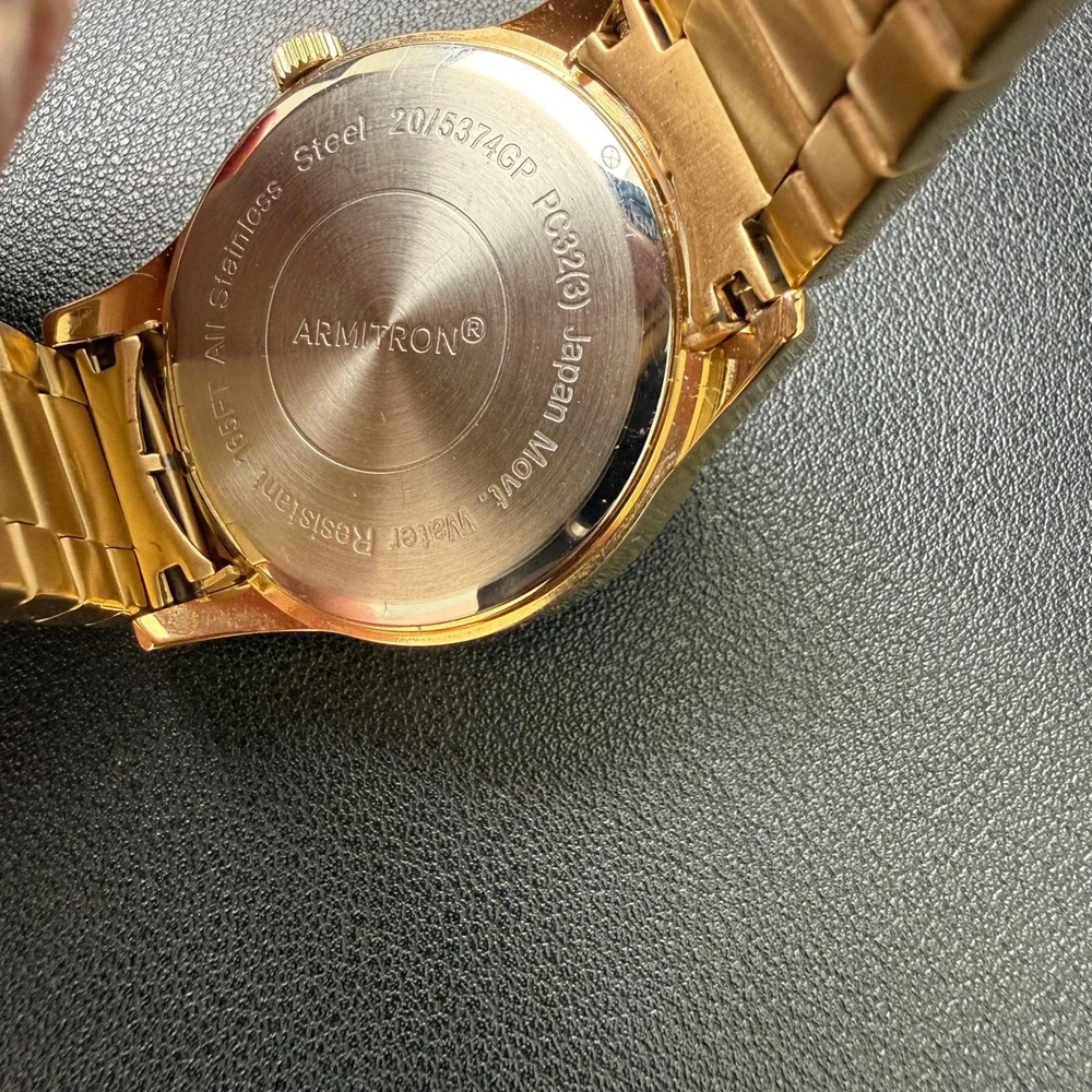 Armitron 20/5374GP Men's Gold Tone Date Black Dial‎ Bracelet Watch New Battery